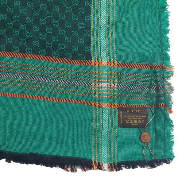 Gucci Vintage Green Dual-Tone Monogram Orange Stripe Reversible Shawl Wrap Scarf - Picture 12 of 15